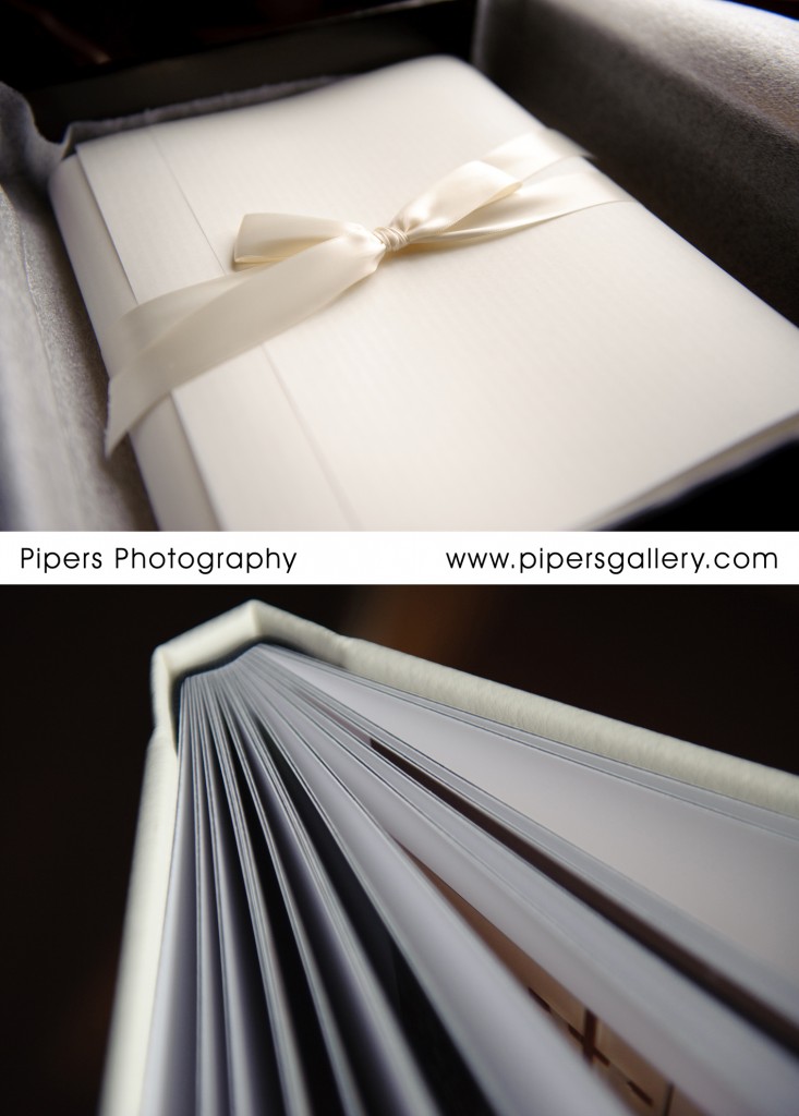 8x10 Coffee Table Album.  Leather color: Pearl.  Imprinting in Black on spine and cover.  