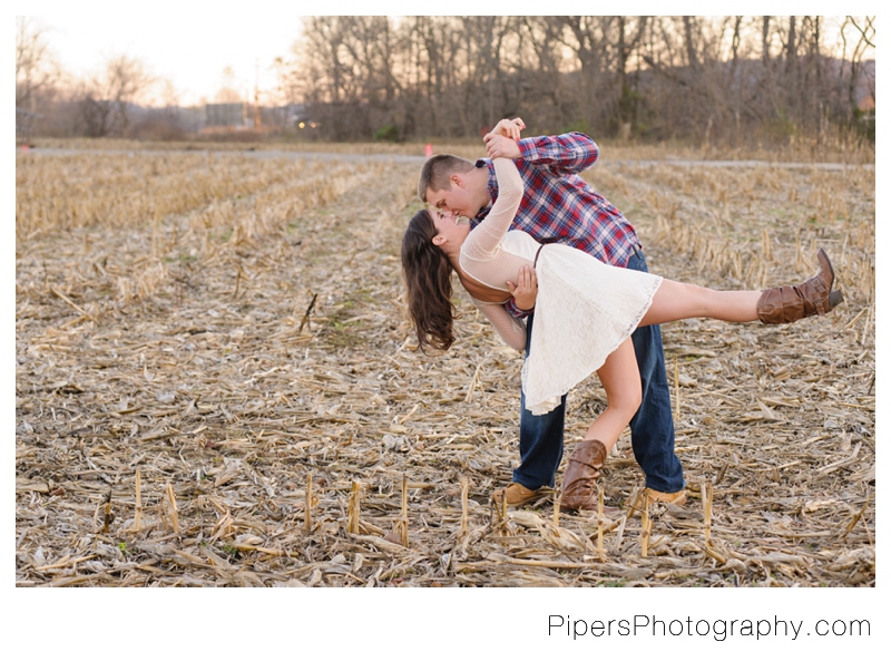 An outdoor country inspired engagement session in Sugar Grove Ohio in corn fields and bridges in the town of Sugar Grove Ohio by Pipers Photography Krista Piper 