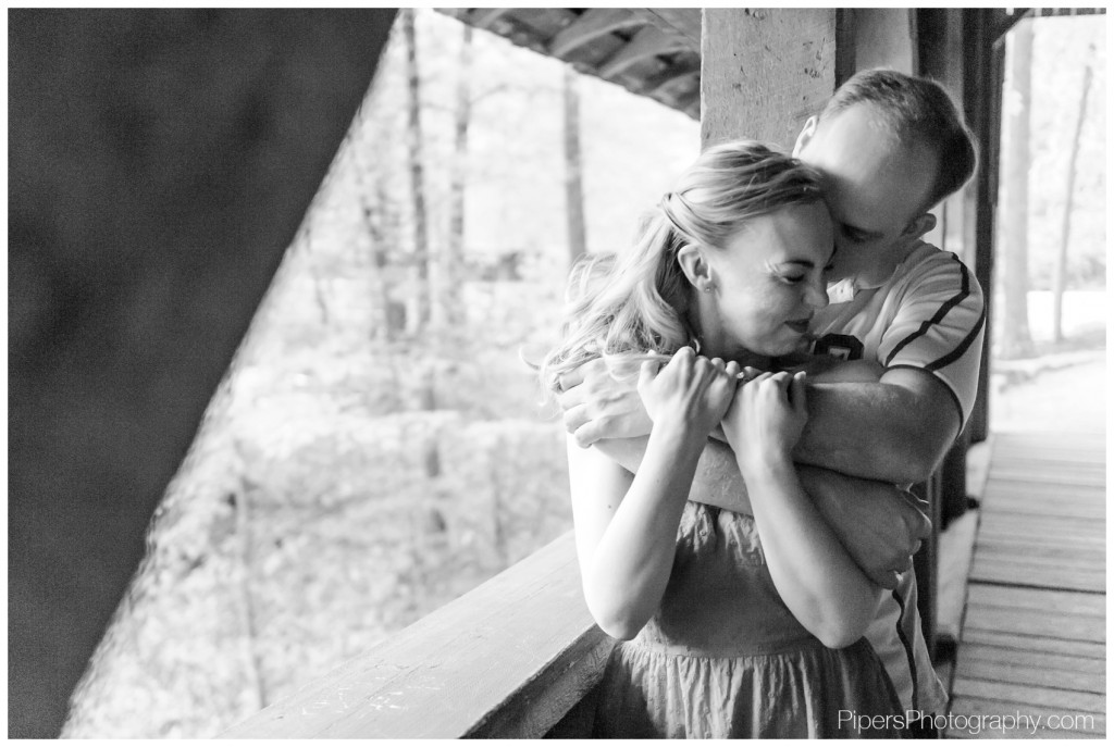 Covered bridge outdoor engagement session in lancaster Ohio at Alley Park