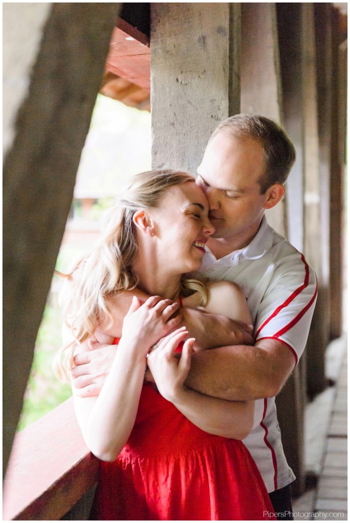 Covered bridge outdoor engagement session in lancaster Ohio at Alley Park