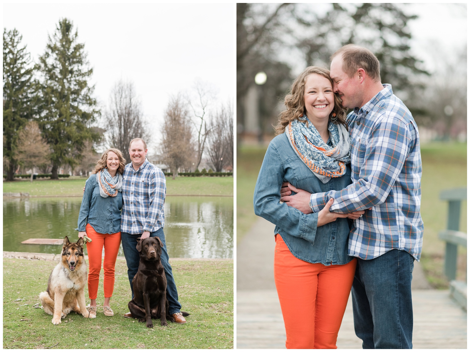 engaged couple with their two dogs pose for a traditional picture in front of a pond at Schiller Park in Columbus Ohio at German village 