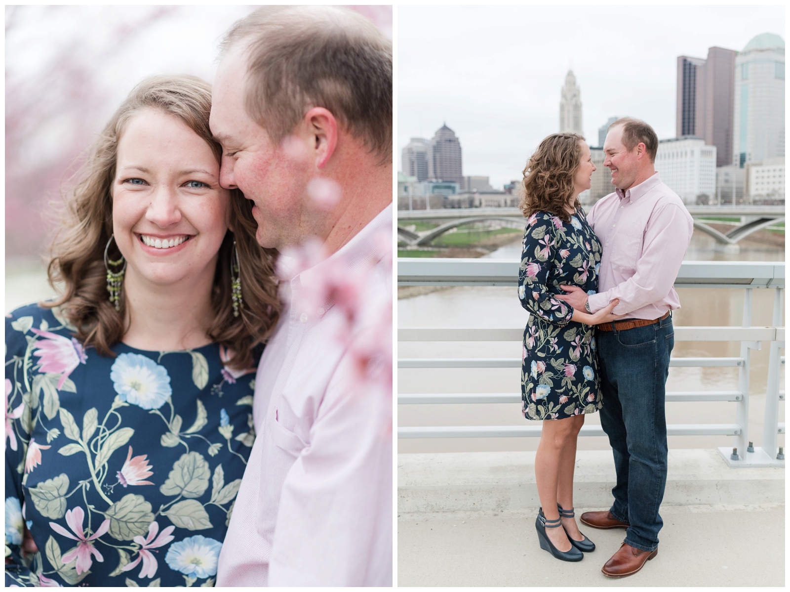 two photos of an engaged couple looking lovingly at each other and the other photo has the beautiful bride looking at the camera surrounding by spring red bud blossoms 