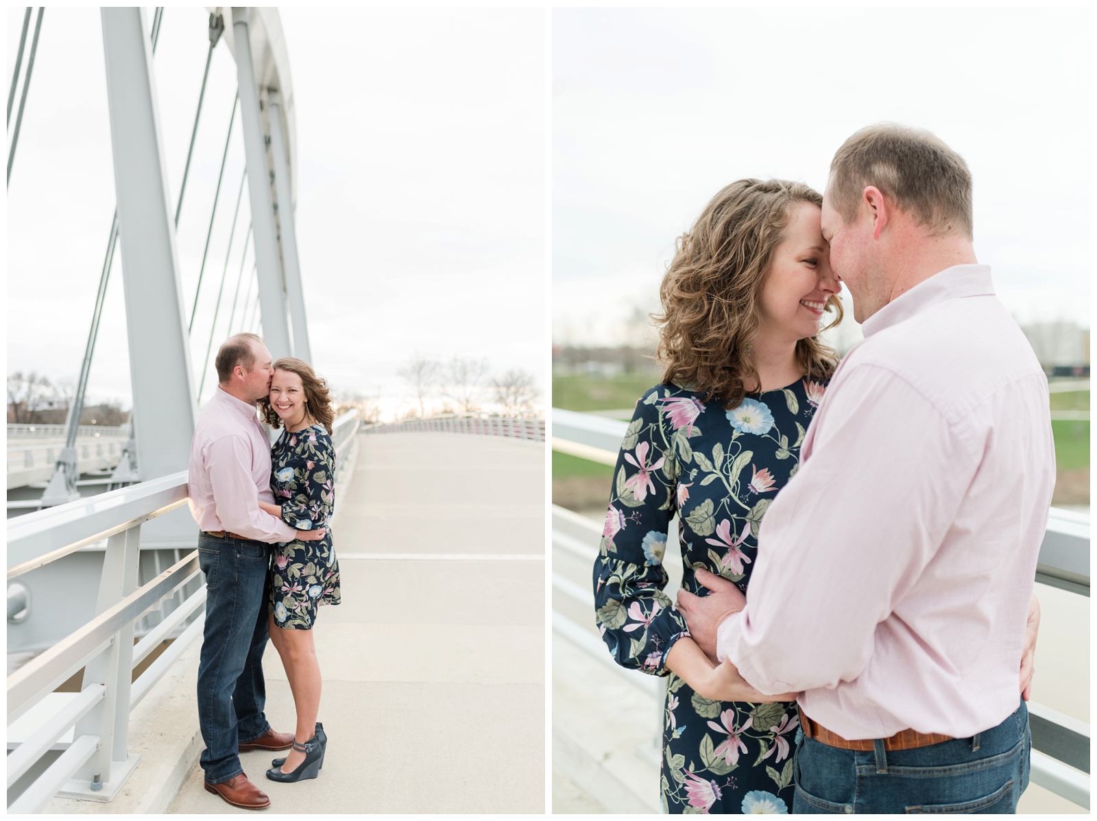 couple embracing each other on a bridge as the sun is setting behind them in Scioto Mile Engagement Session Columbus, Ohio