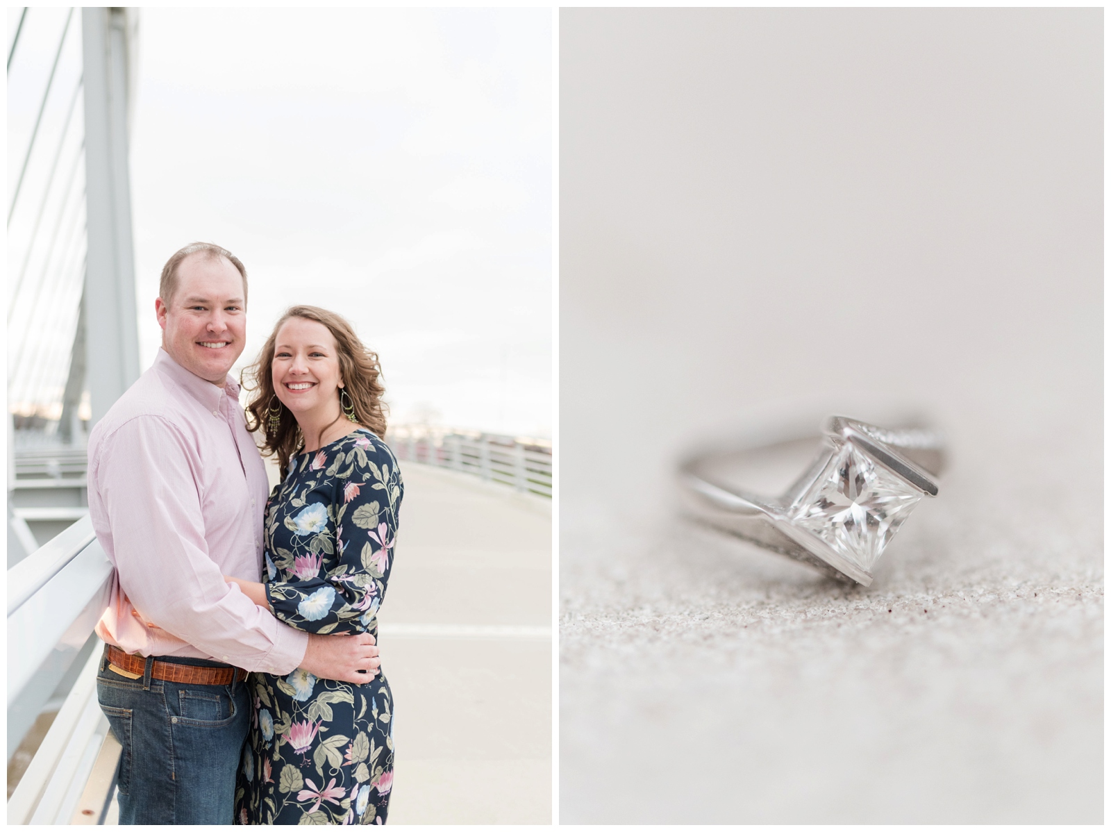 Two photos from engagement session, the left has a couple looking at the camera smiling. The left photo has a single image of an engagement ring 