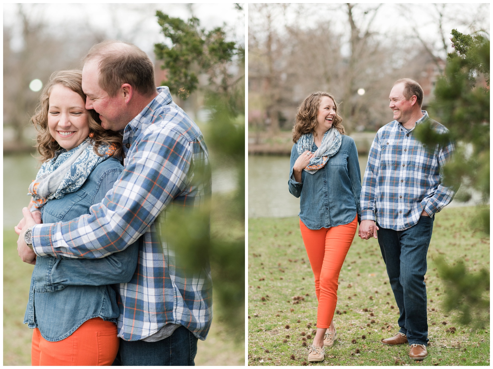 a bride and groom laughing at each other and walking by a pond in the right image and the left image has an engaged couple hugging each other smiling 