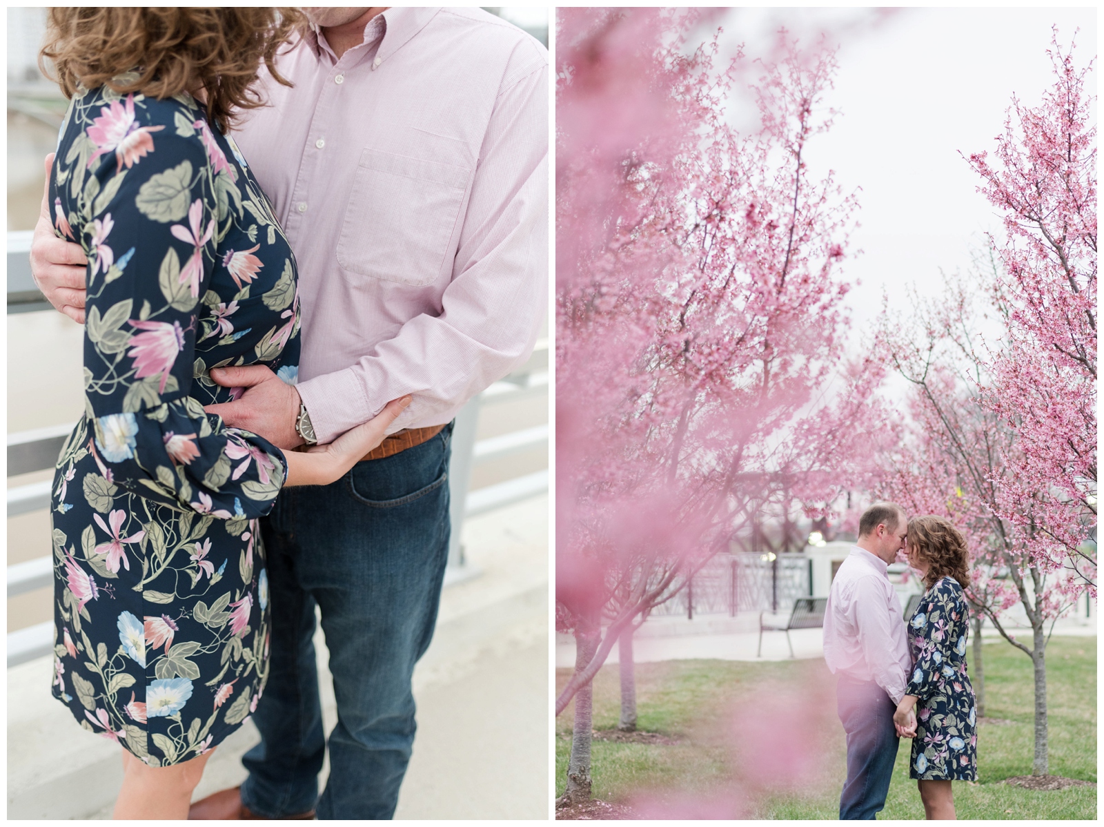 a happily engaged couple embraces each other on a town street bridge with redbuds trees blooming in spring 