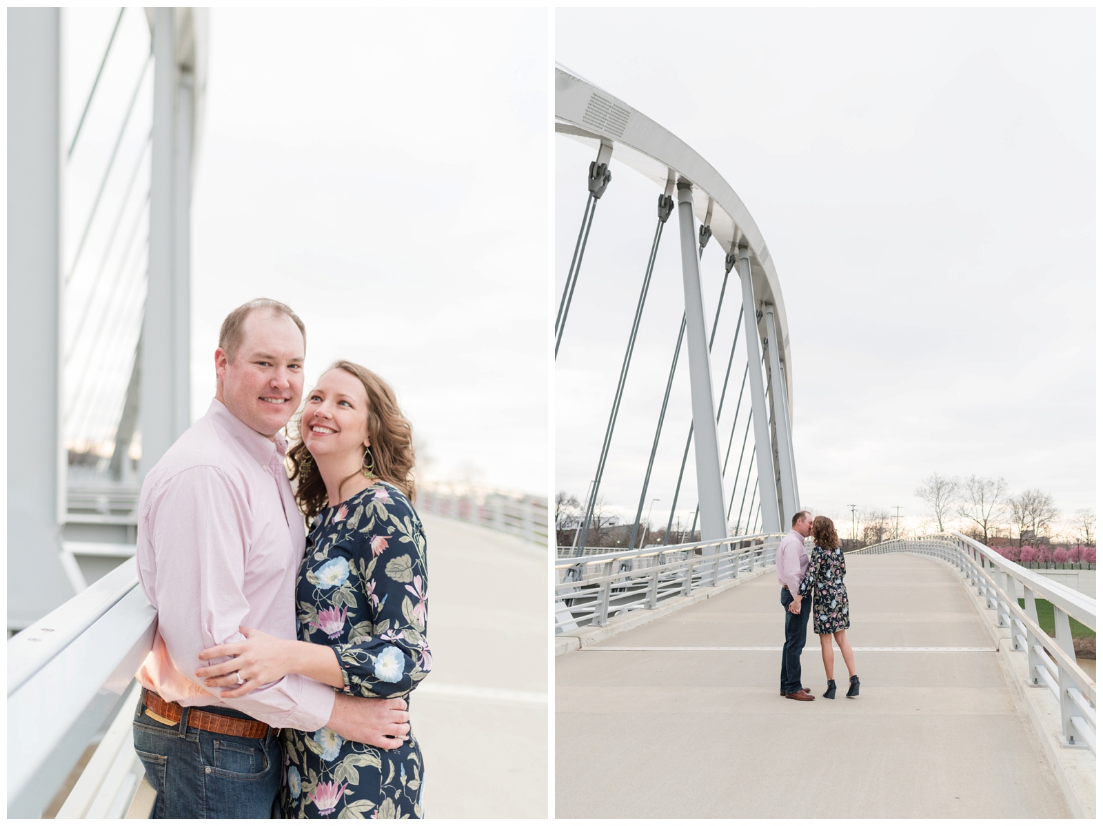 a spring engaged couple looks at each other while walking on a bridge at scioto mile in downtown columbus ohio 