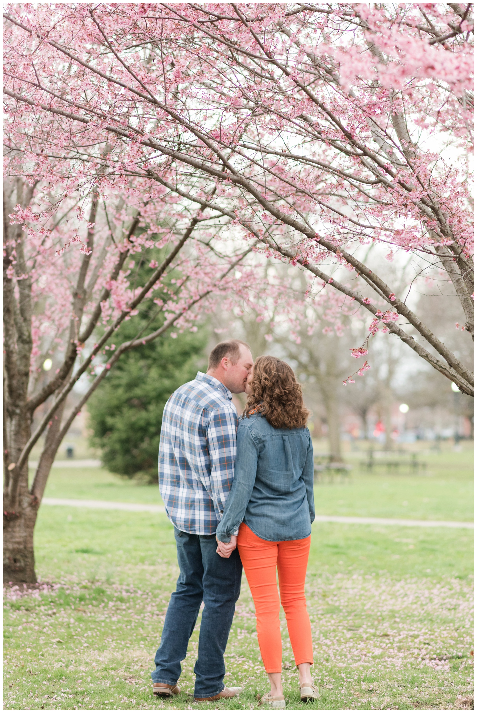 an engaged bride and groom kiss each other while turned away from the camera and standing by spring redbud trees in german village 