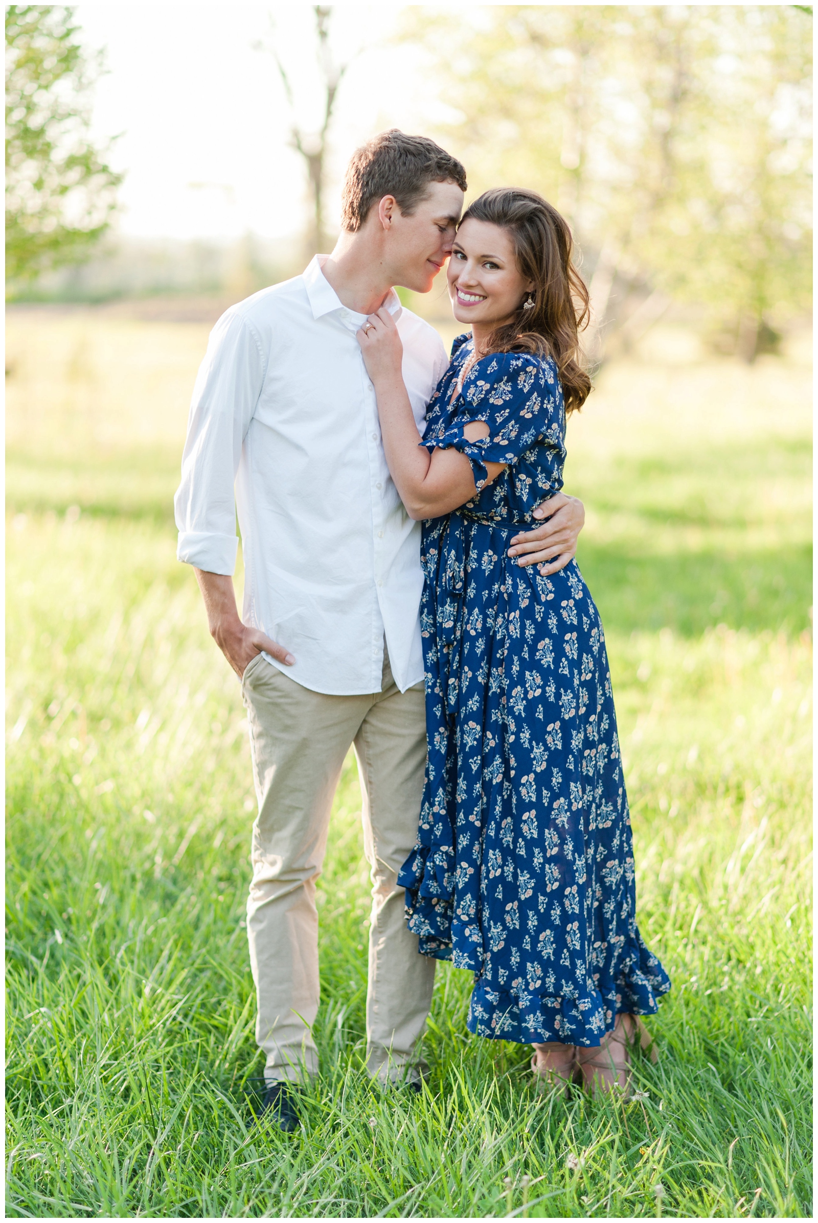 What to Wear for Your Engagement Session in Newark Ohio blue floral dress with white dress shirt
