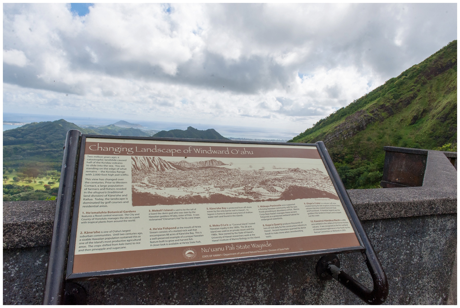 Changing landscapes of the windwad O'ahu sign at pali lookout 