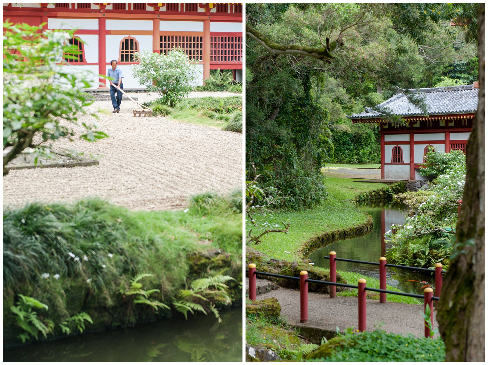 Close up photo of a man raking the rocks and the creek at vertical photo of Byodo-in Temple in the valley of the temples memorial park 