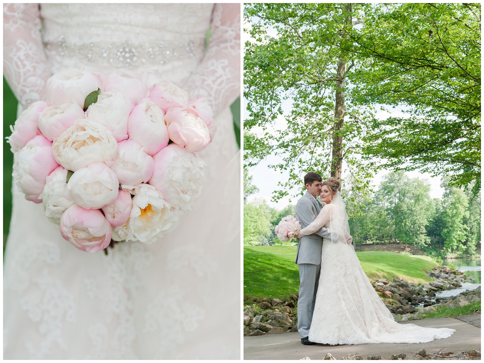a bouquet of peonies in June and a bride and groom hugging by a small creek at wedgewood golf and country club 