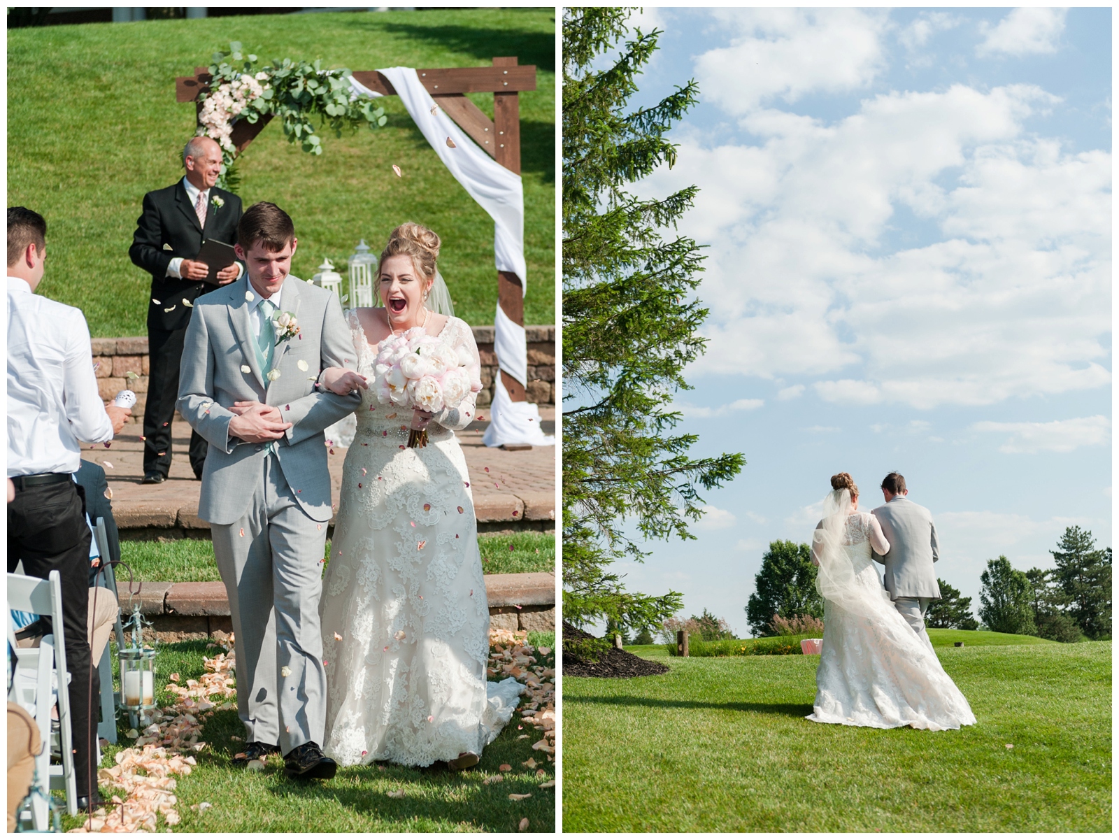 excited cheerful couple walks down aisle after saying their I Do's at The Wedgewood Golf and Country Club Powell Ohio by Pipers Photography 