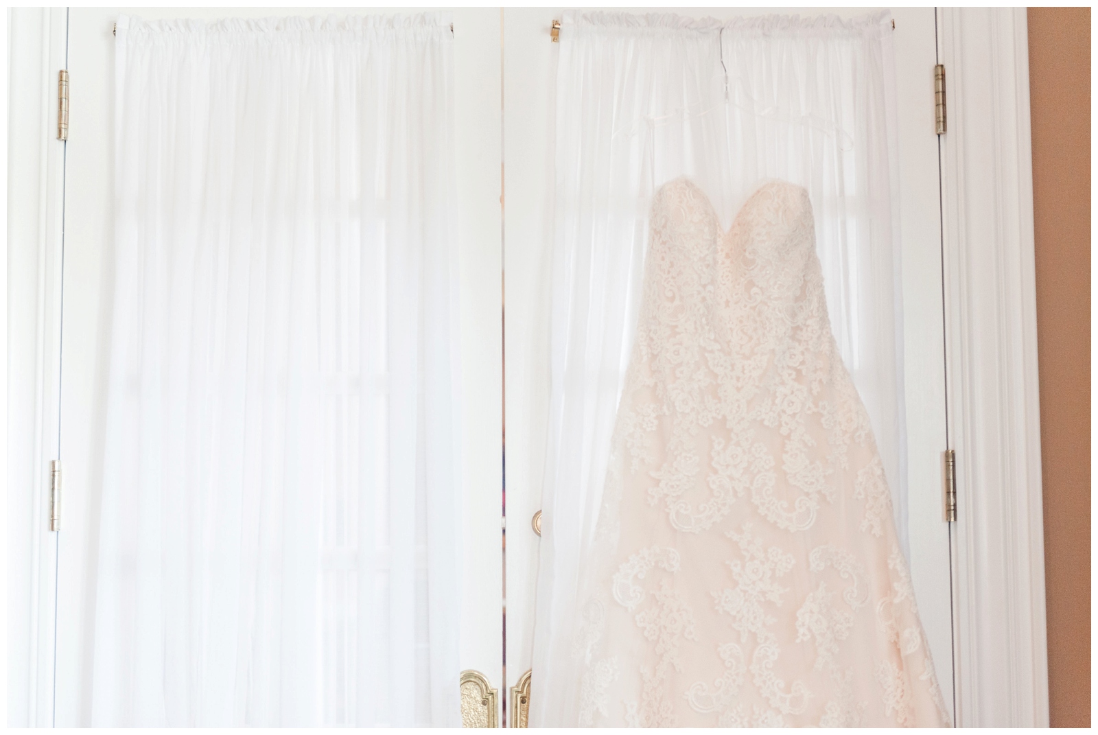 a blush under-toned wedding dresses is hanging up on doors inside the bridal suite of the wedgewood golf and country club wedding venue in powell ohio 