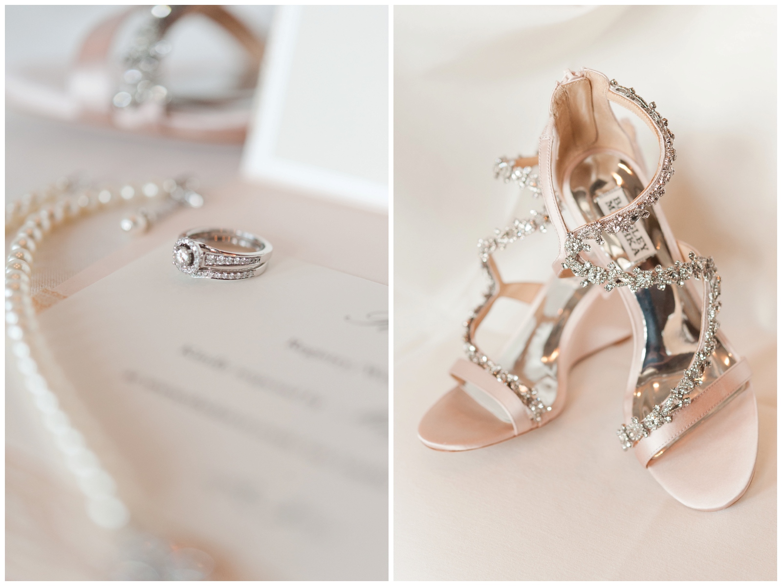 bridal details of badgley mischka shoes and wedding rings on a wedgewood golf and country club wedding invitation 
