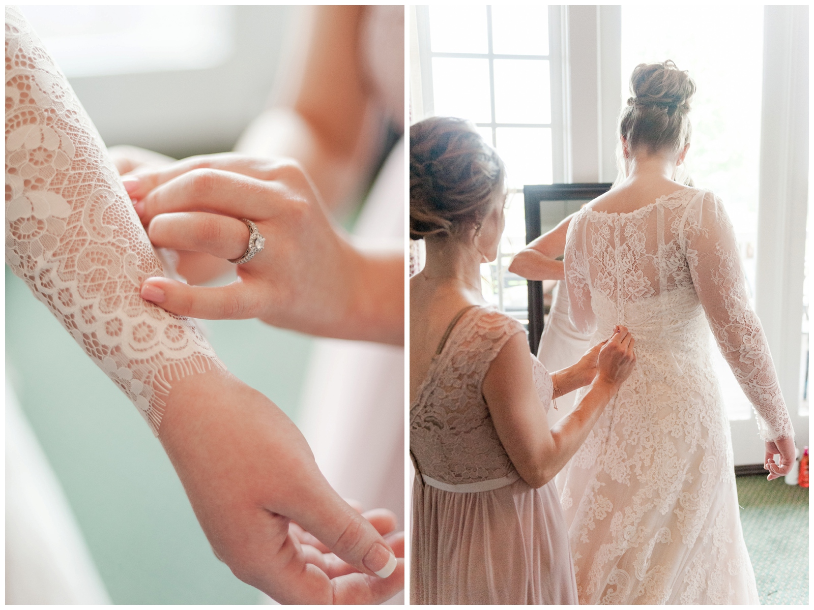 Bride putting on her lace wedding dress in the bridal suite of wedgewood golf and country club with natural light coming in the windows on her wedding day morning 