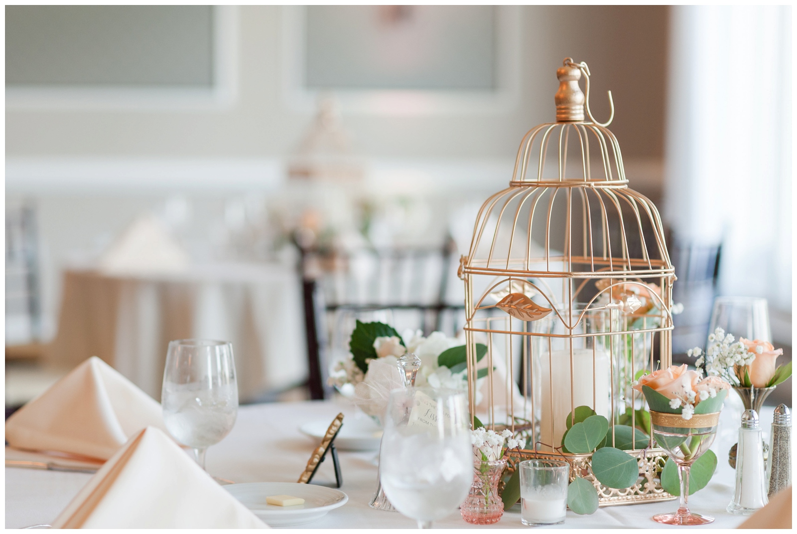 Birdcage wedding table decoration at wedgewood golf and country club reception room 
