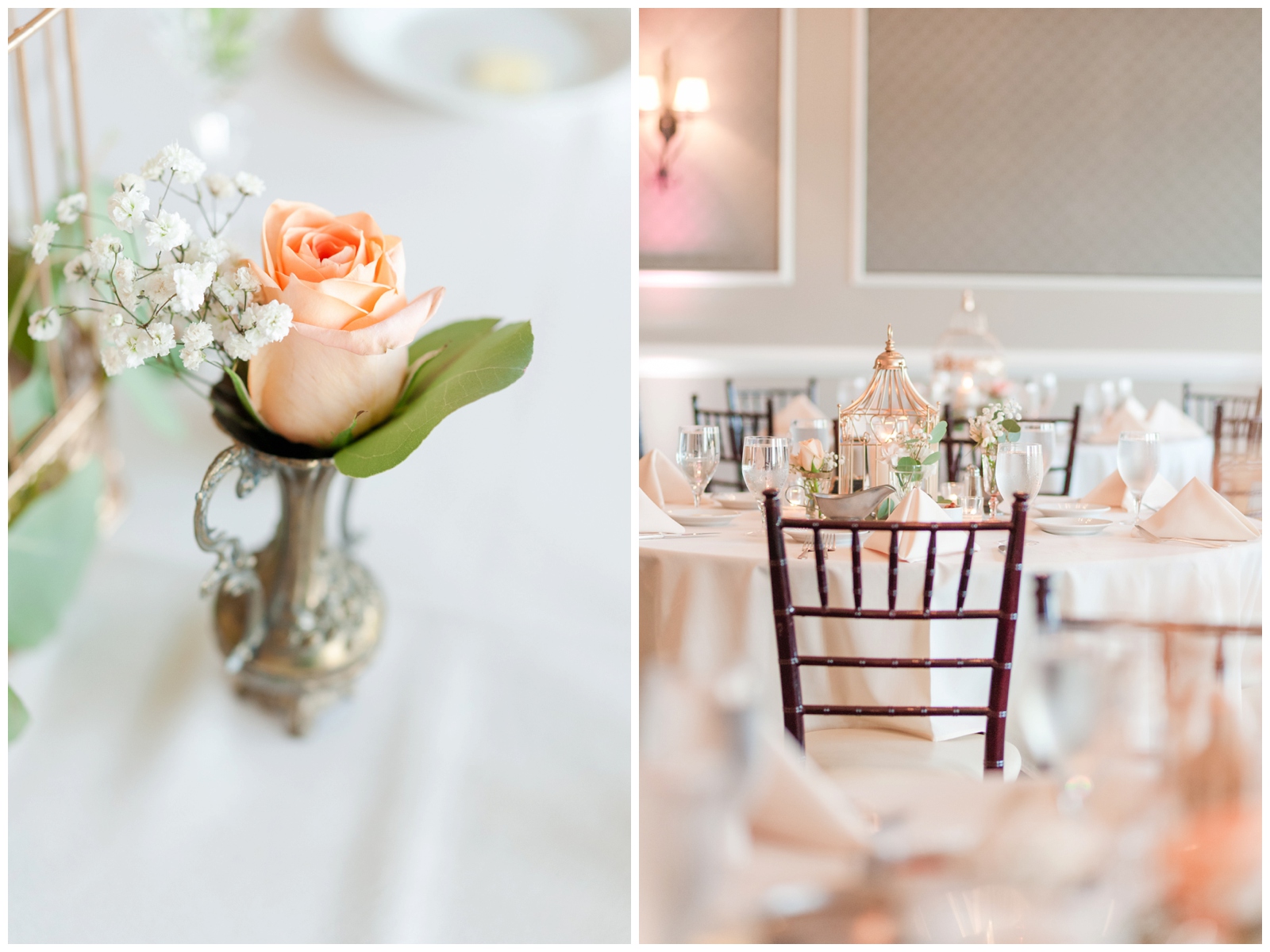 blush and peach roses with Birdcage wedding table decoration at wedgewood golf and country club reception room 