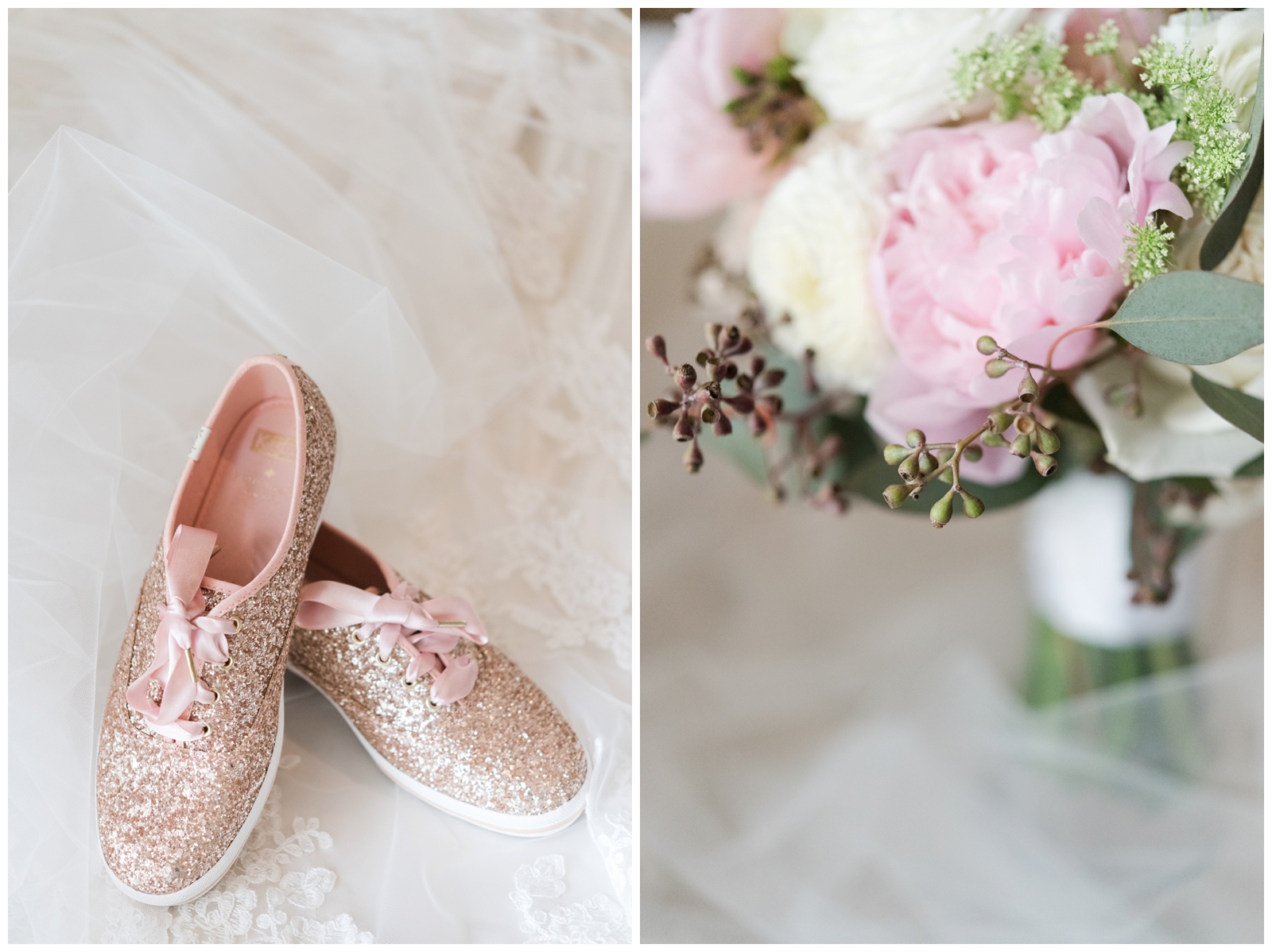 rose gold KEDS on bride's veil and pink peony in bridal bouquet photographed by Pipers Photography