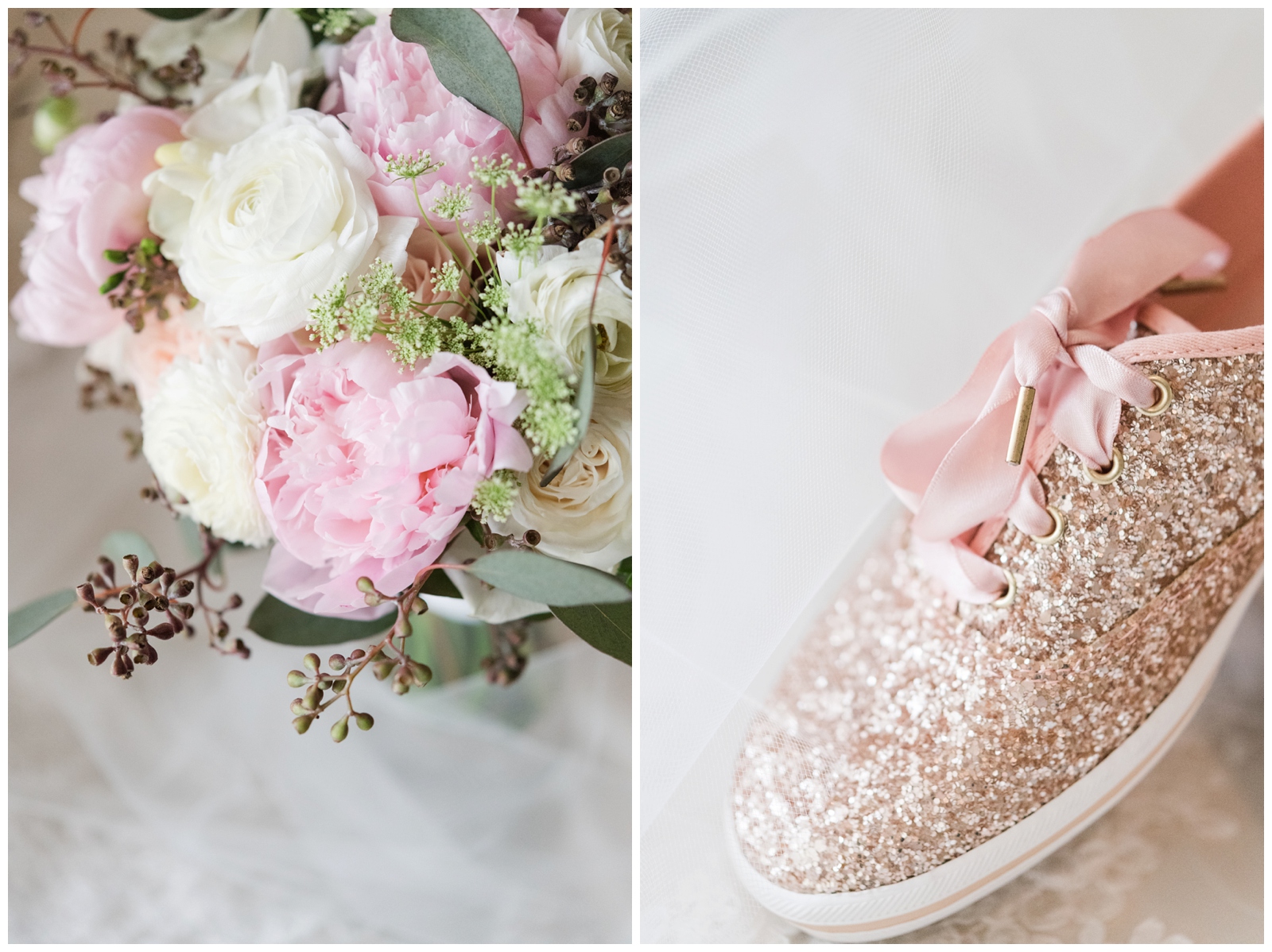 bride's bouquet with pink peonies and white flowers and rose gold KEDS