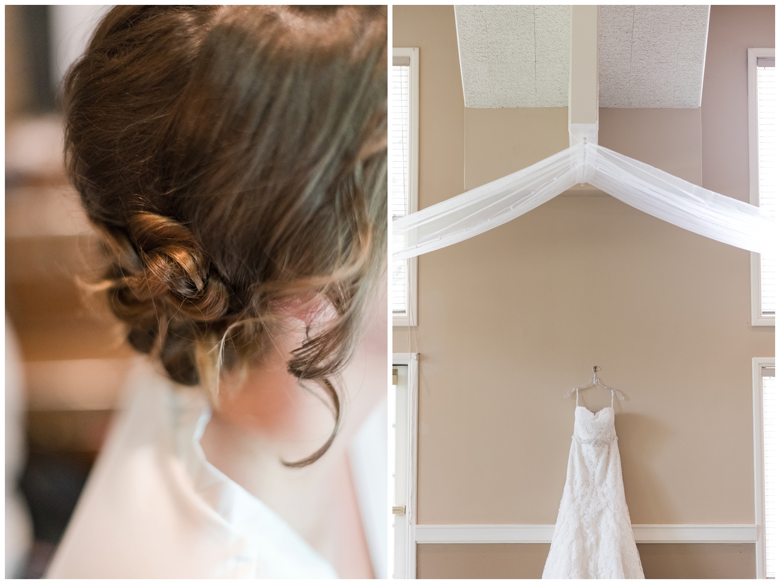 bride's curled hair and lace wedding gown hanging in Brookside Golf and Country Club
