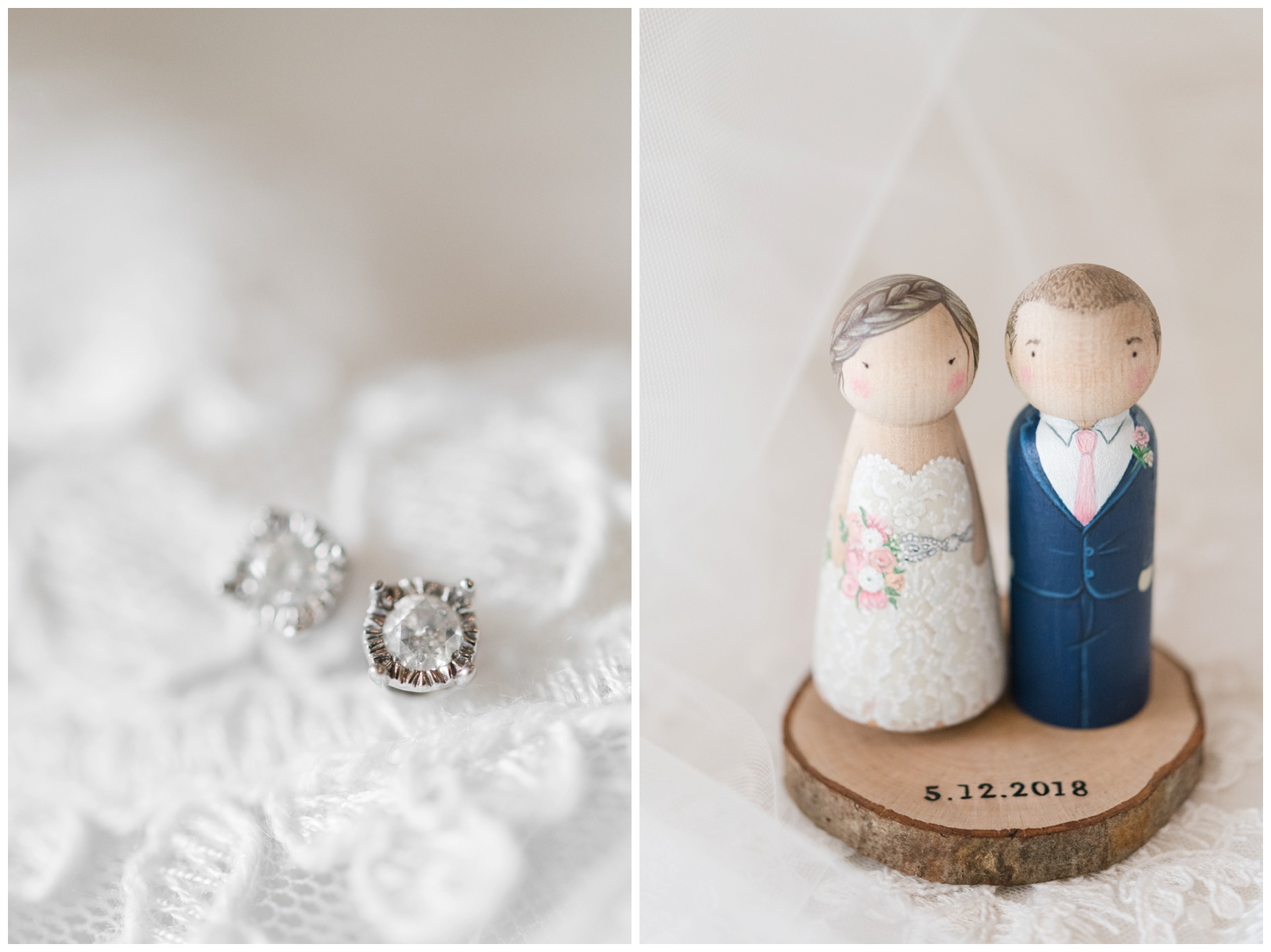 diamond earrings for the bride and wooden figurines for top of wedding cake