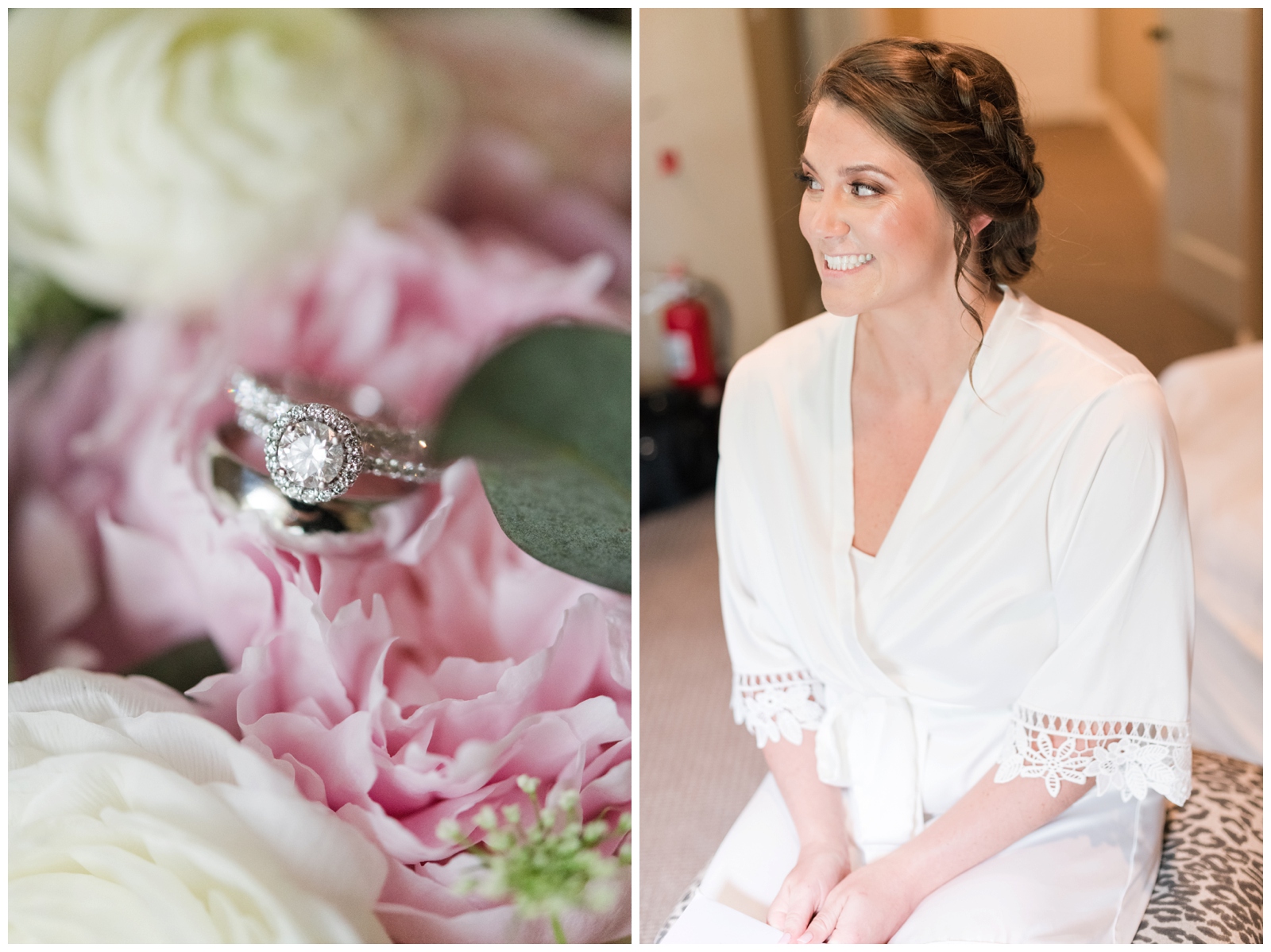 bride's diamond rings sit on pink peony and bride smiles with hair and makeup done before Ohio wedding day
