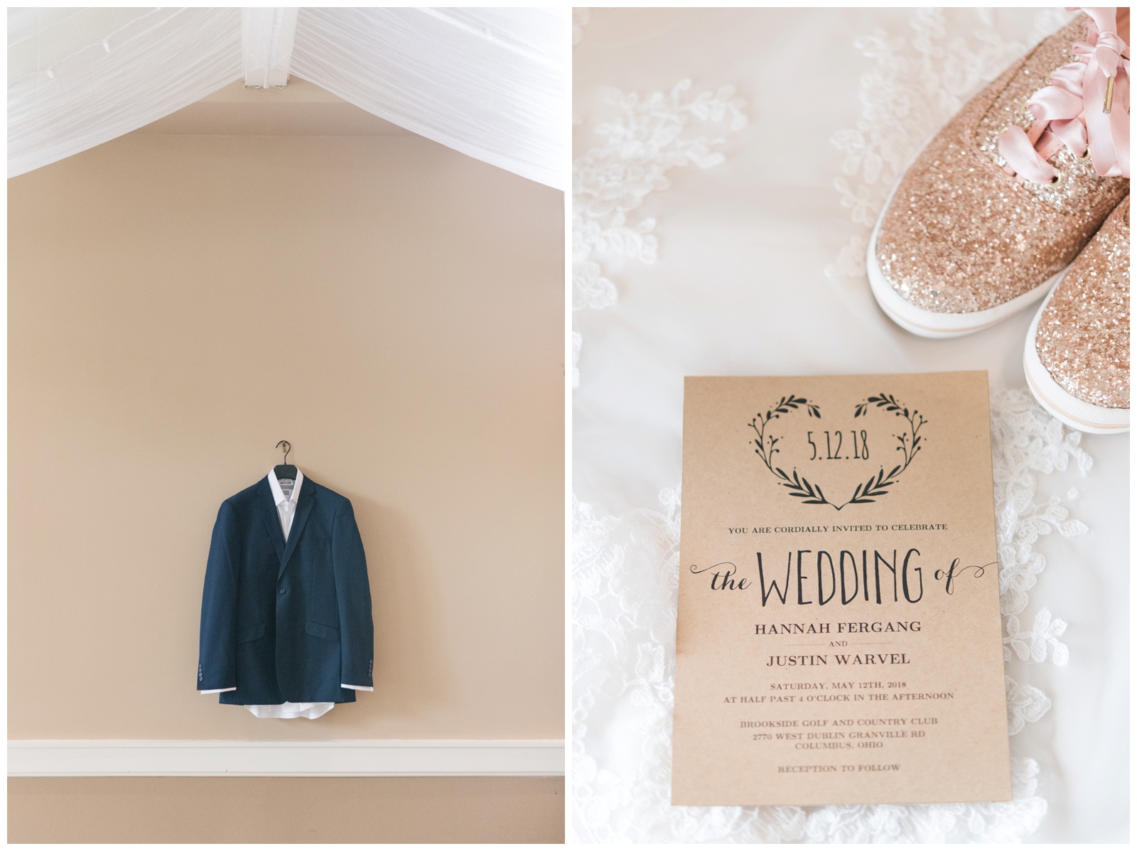 groom's navy suit hangs in getting ready suite and brown paper wedding invitation with rose gold KEDS