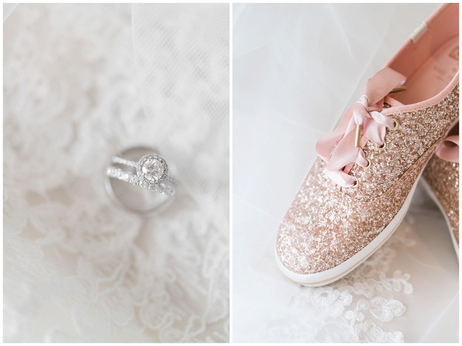 diamond ring and wedding band balance on groom's ring and rose gold KEDS for the bride