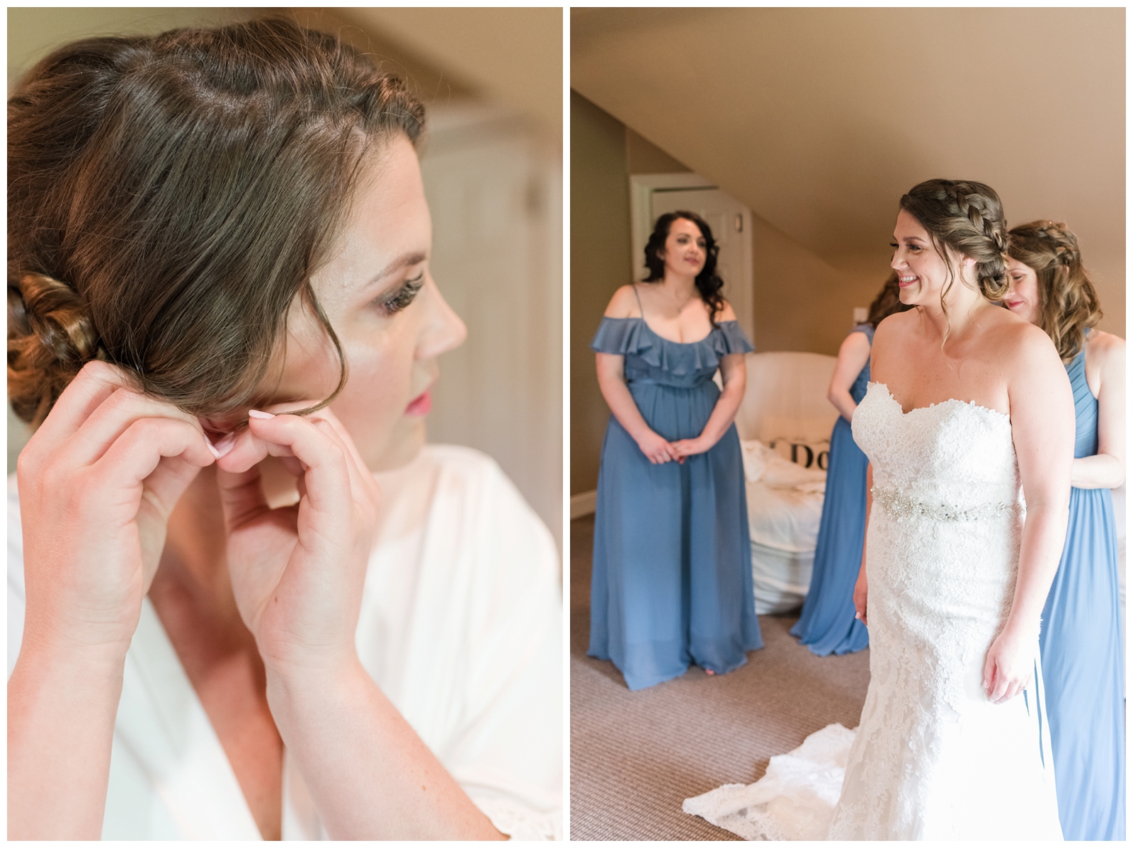 bride puts earrings on and prepares for Ohio wedding day with bridesmaids in blue gowns