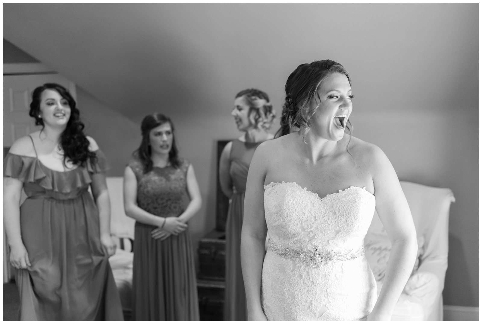 bridesmaids see bride for the first time on wedding day at Brookside Golf and Country Club