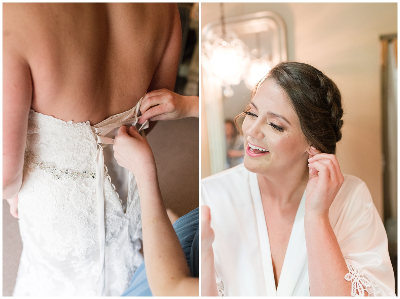 bride gets into wedding gown and bride puts on earrings for Brookside Golf and Country Club wedding day