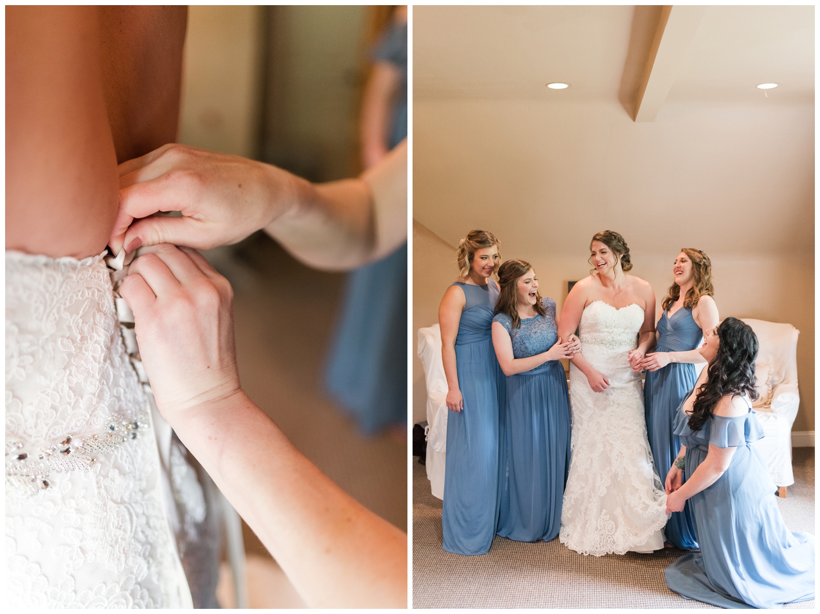 bridesmaids help bride into lace wedding gown with buttons on Ohio wedding day