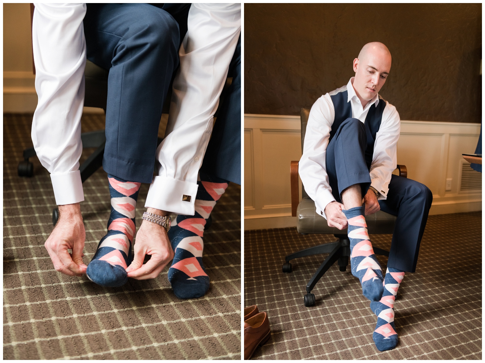 groom puts on navy, coral, and white socks for Ohio wedding day at Brookside Golf and Country Club