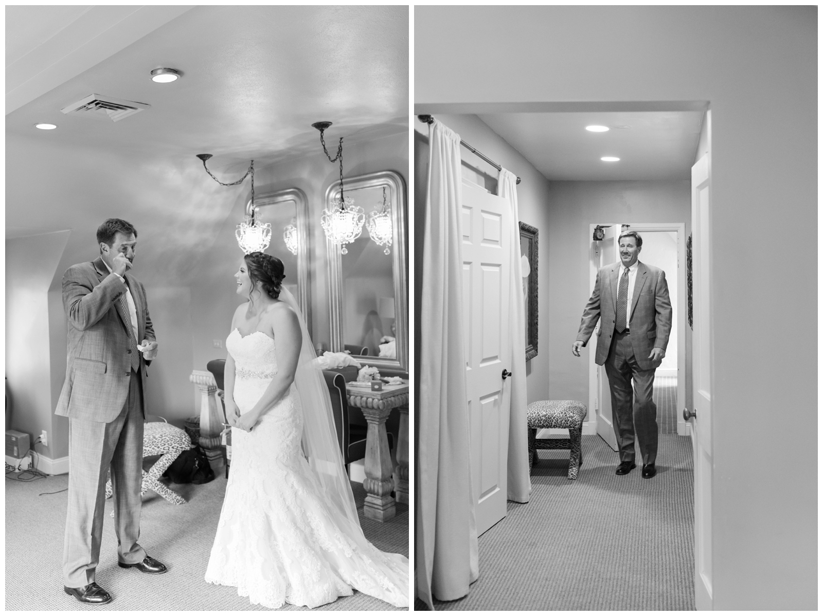 bride and father have emotional first look in getting ready suite for Ohio wedding day