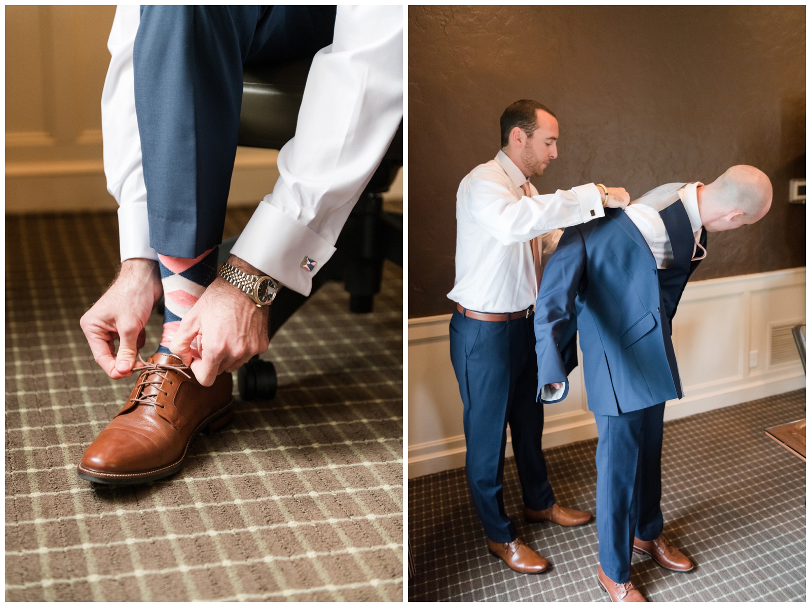 groom prepares for Brookside Golf and Country Club wedding day with groomsman