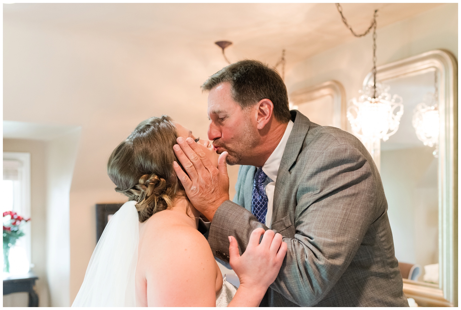 bride and father embrace during wedding day preparations at Brookside Golf and Country Club