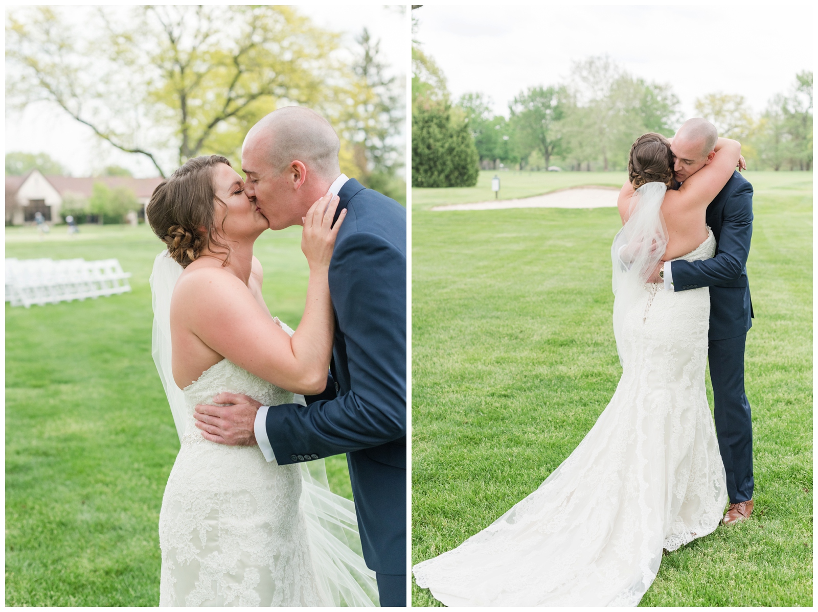 bride and groom kiss during first look for Ohio wedding day