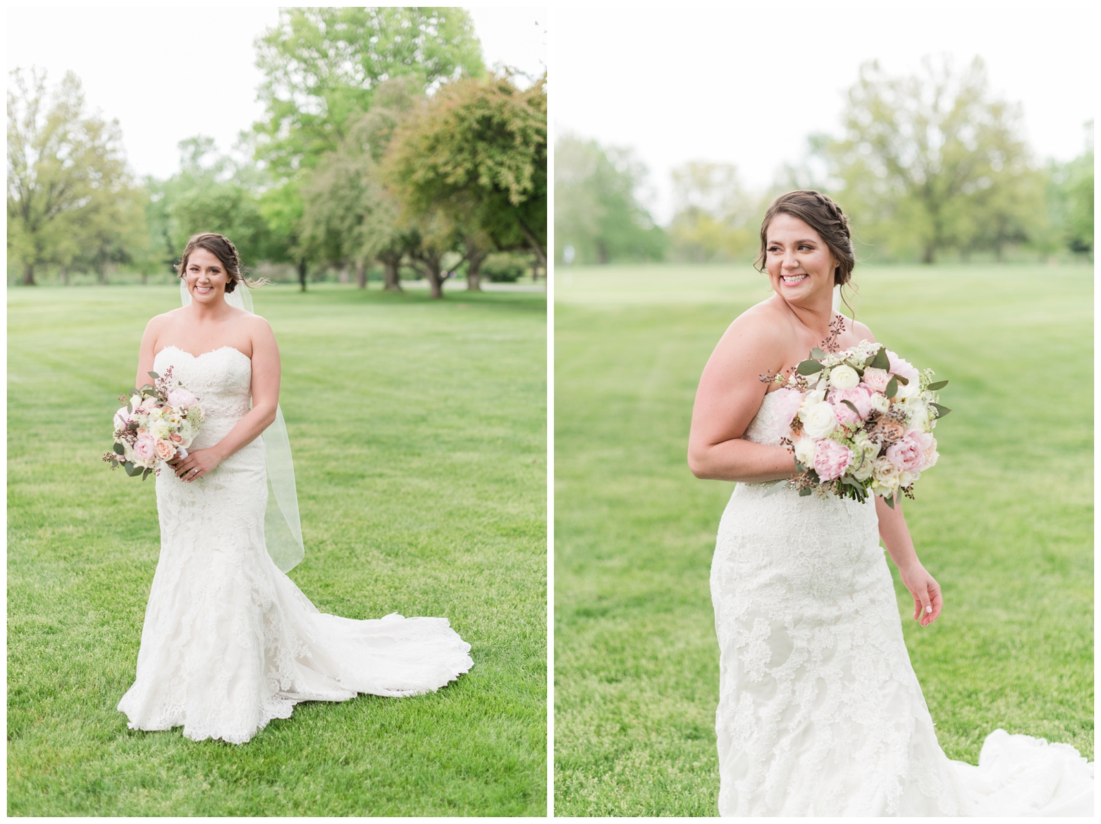 portraits of the bride in strapless lace wedding gown with pink and white wedding bouquet
