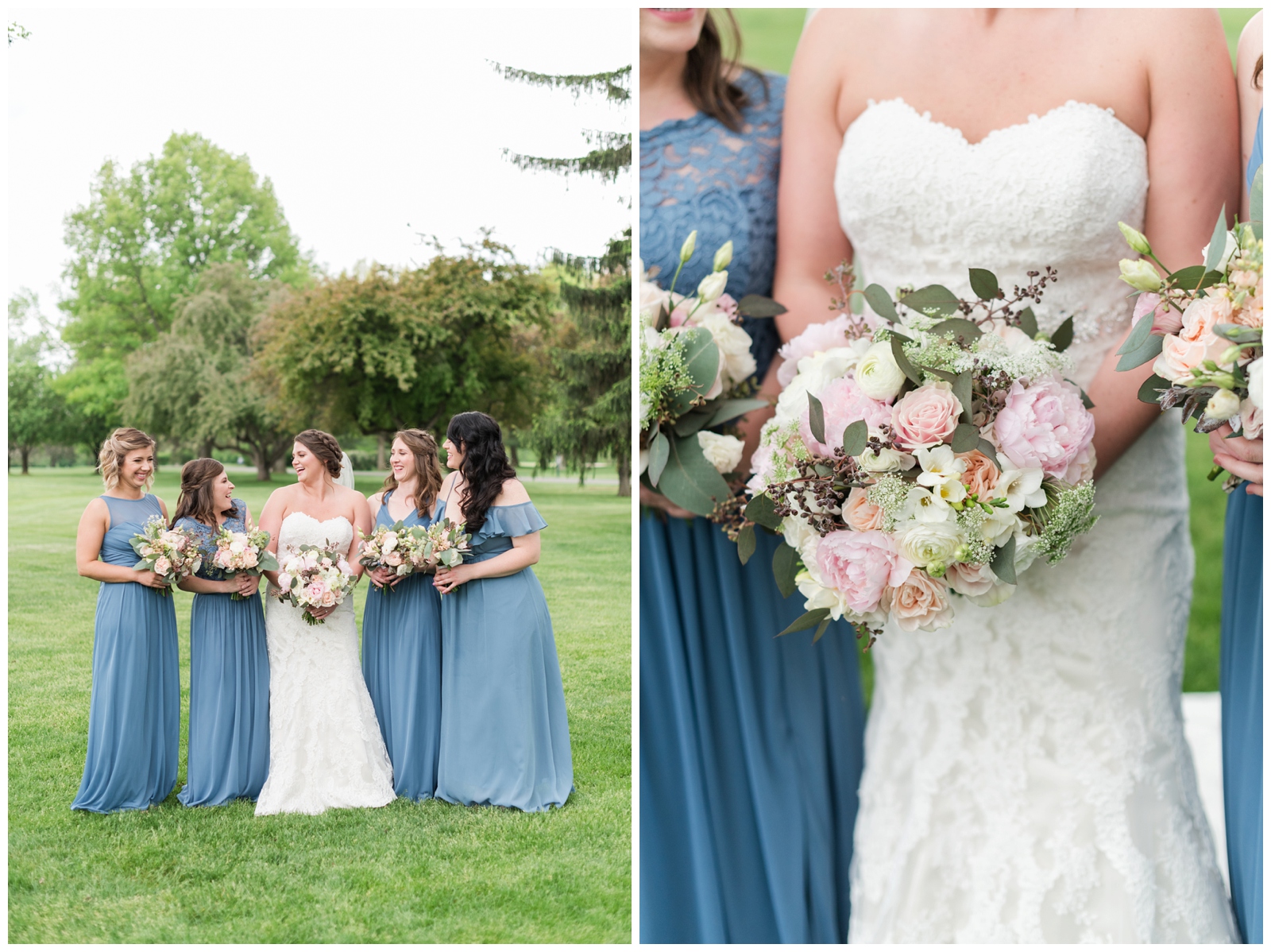 bridesmaids show off pink, white, and green bouquets by Madison House Designs
