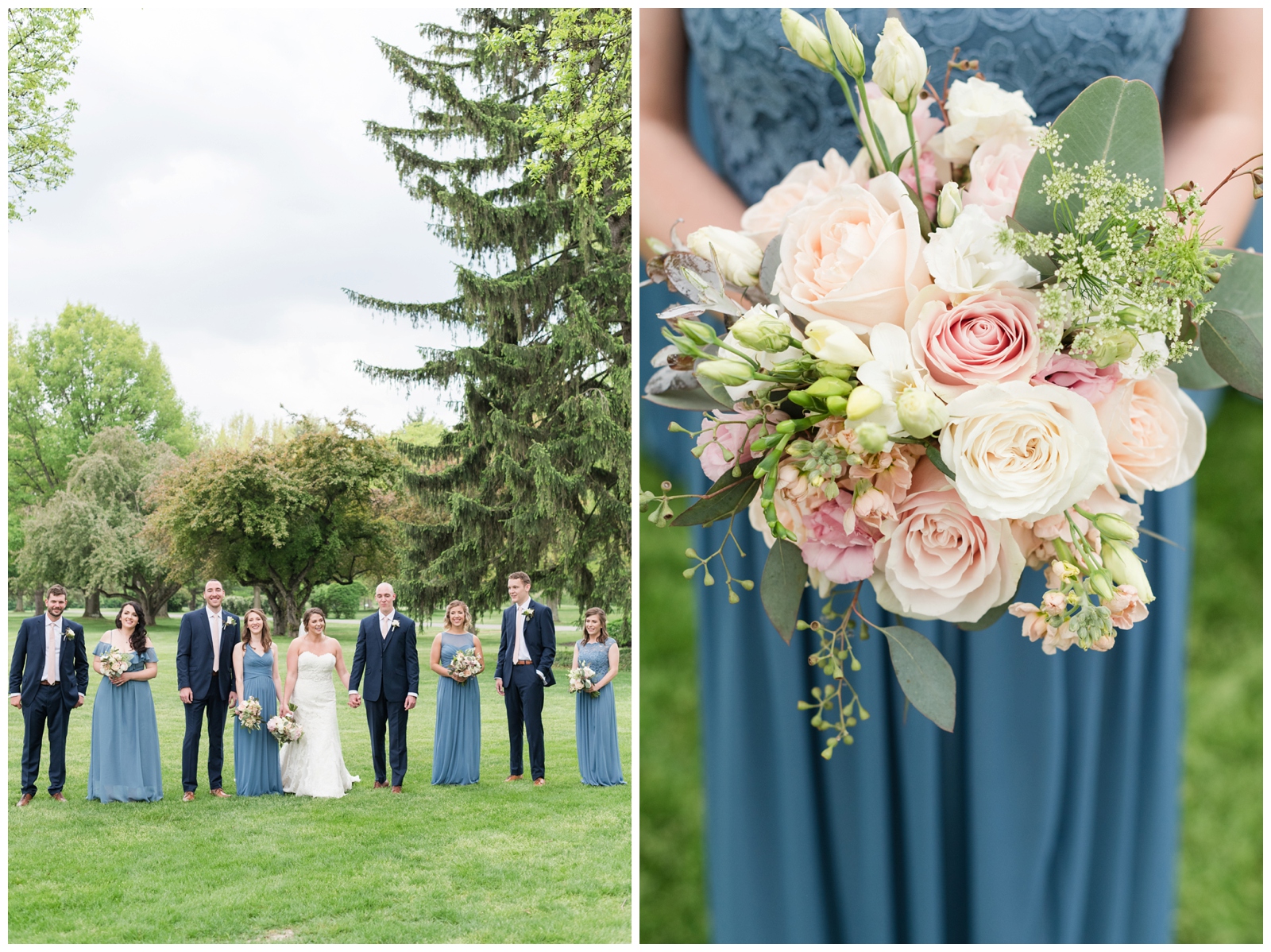 bride and groom hold hands while standing with bridal party and close up of bridesmaid bouquet with pink roses