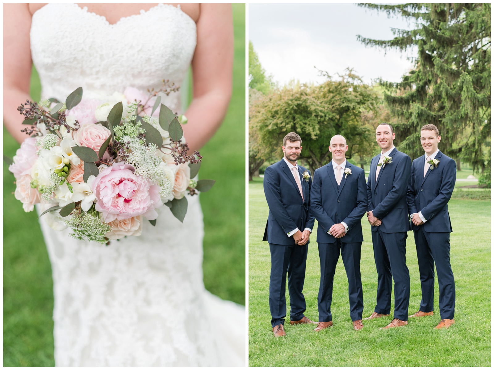 close up of bride's bouquet with pink peonies and baby's breath and portrait of groomsmen in navy suits and brown shoes