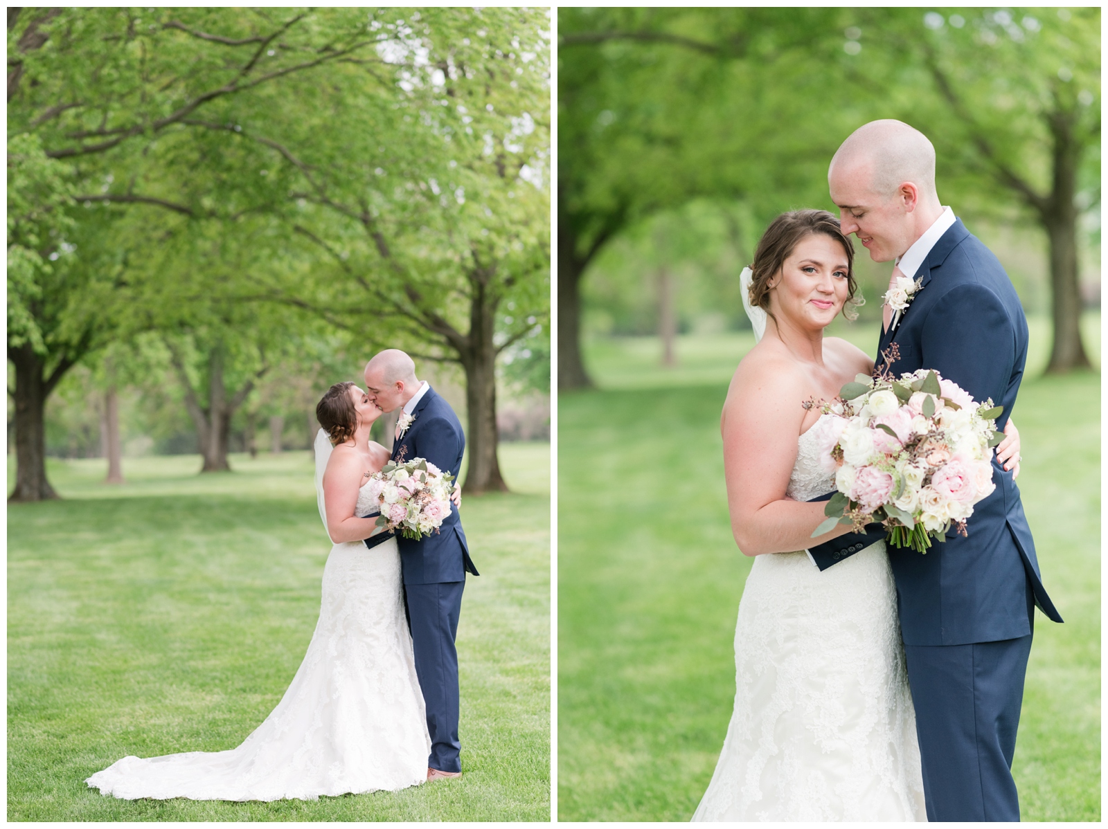 groom hugs bride to him while she holds bouquet of white flowers and pink peonies