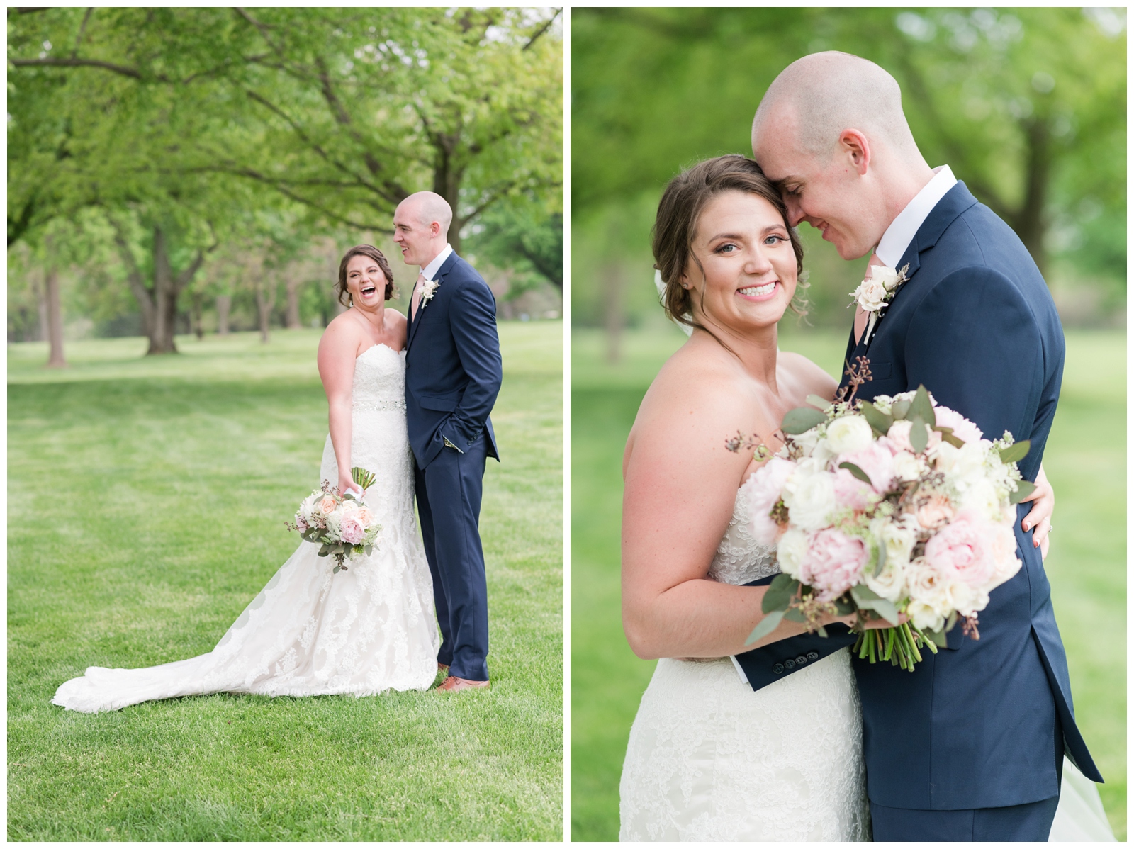 married couple laughs during summer wedding portraits at Brookside Golf and Country Club