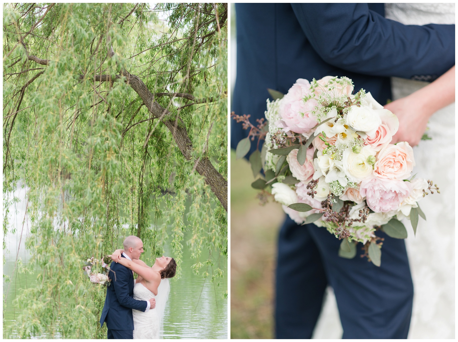 groom makes bride laugh during wedding portraits under a willow tree and bride shows off pink and white bouquet by Madison House Designs