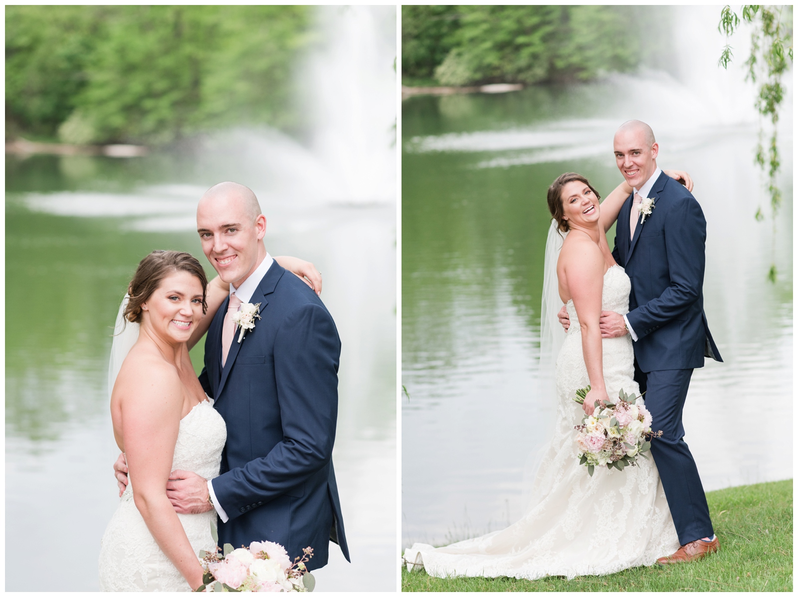 bride in strapless gown and groom in navy suit pose by lake with fountain during Ohio wedding day
