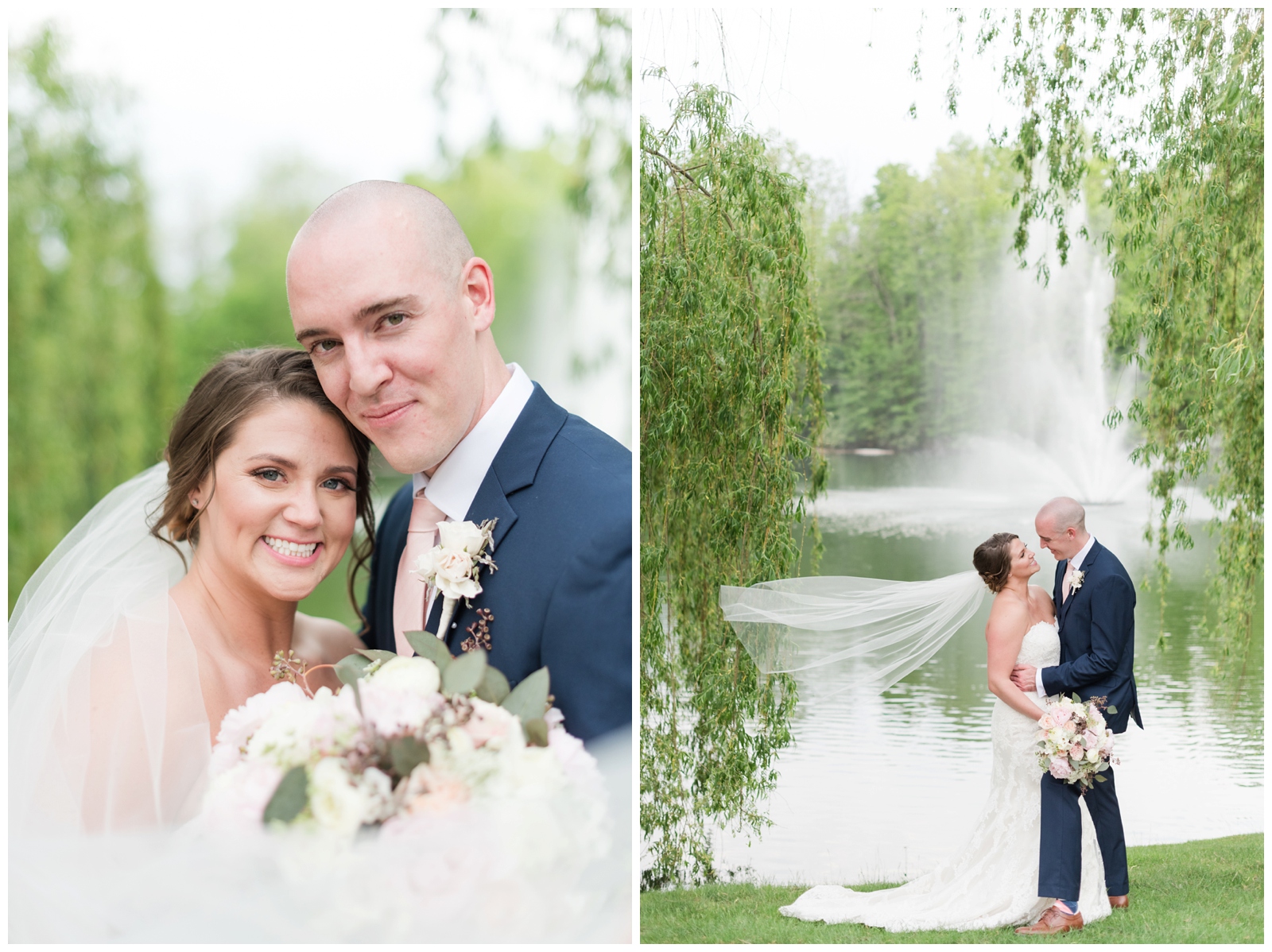 summer wedding portraits of Ohio couple by golf course lake at Brookside Golf and Country Club