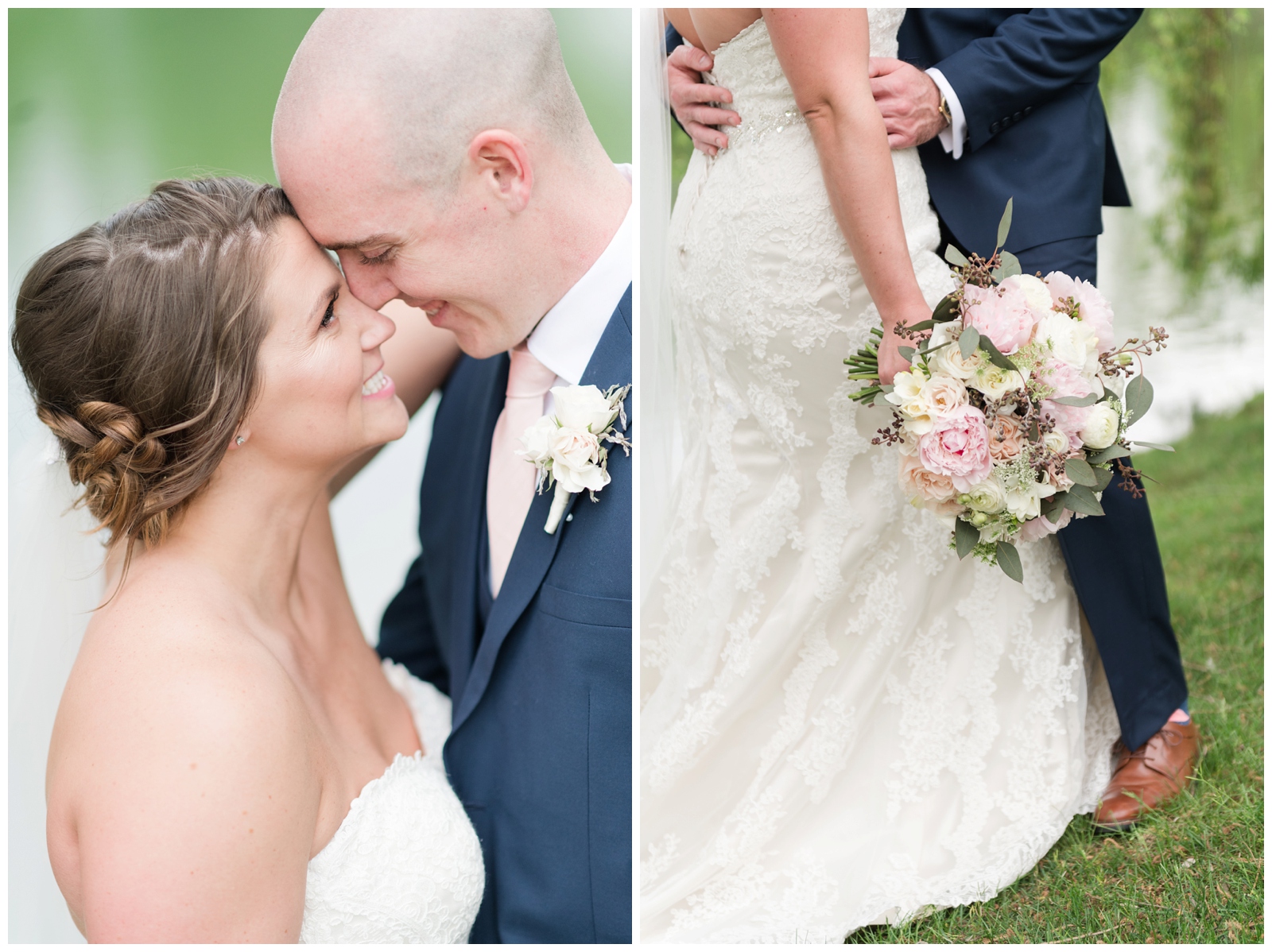closeup portrait of bride and groom touching noses and photo of bride's bouquet with pink and white flowers