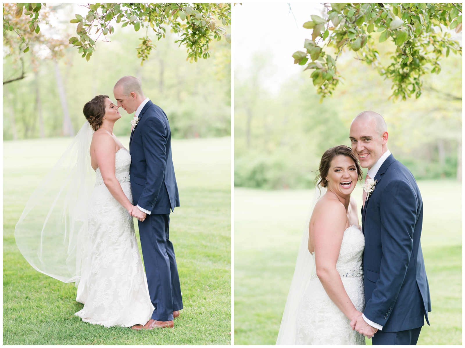 bride and groom smile during summer wedding portraits in Ohio while facing each other