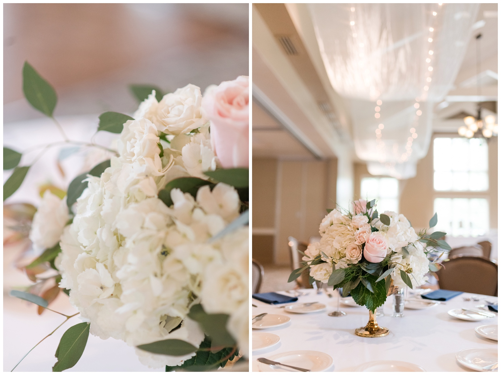 wedding reception centerpieces of white flowers with pale pink roses in gold vase by Madison House Designs